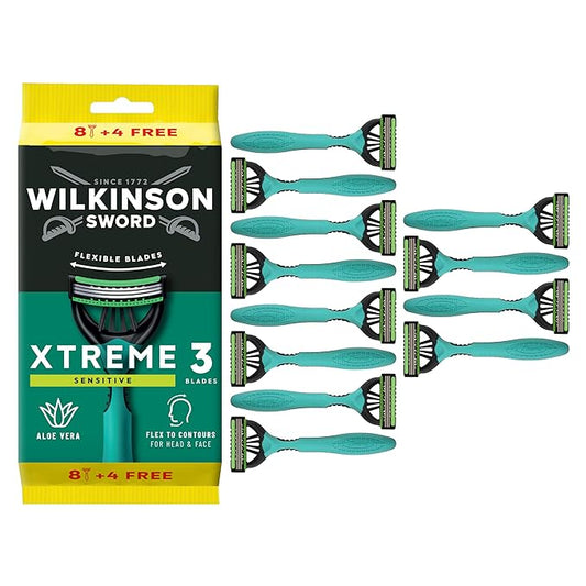 Wilkinson Sword Xtreme 3 Sensitive, Pack of 8 + 4 Disposable Razors with a Lubricating Band of Vitamin E and Aloe Vera, Optimal for Facial Care and Softness