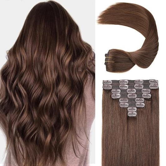 Clip In Human Hair Extensions,Medium Brown 8Pcs 120G Human Hair Clip In Hair Extensions 16Inch Straight Remy Hair