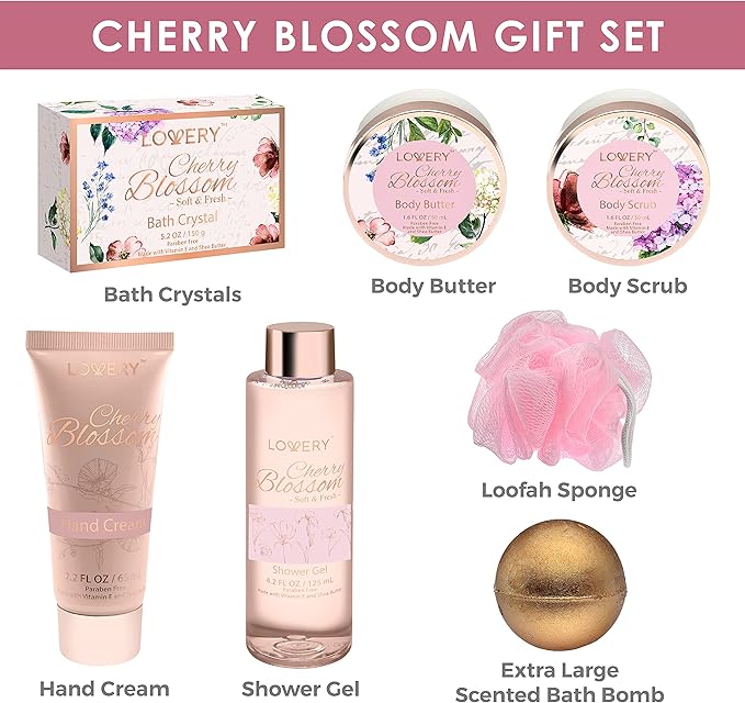 Mothers Day Gifts Bath and Body Gift Basket For Women, Cherry Blossom Home Spa Set, Body Lotion, Shower Gel, Extra Large Bath Bomb, Body Butter, Body Scrub, Bath Crystal, Puff & Rose Gold Cosmetic Bag