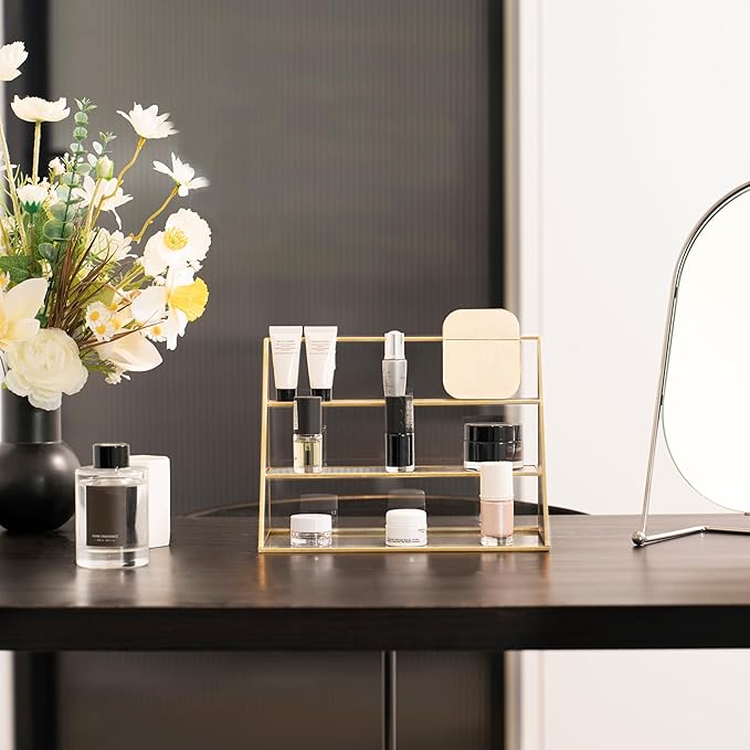 FSyueyun Gold Makeup Organizer Case Vanity, 3 Layers Glass Makeup Storage Cosmetics Organizer Earring Ring Holder Display Case