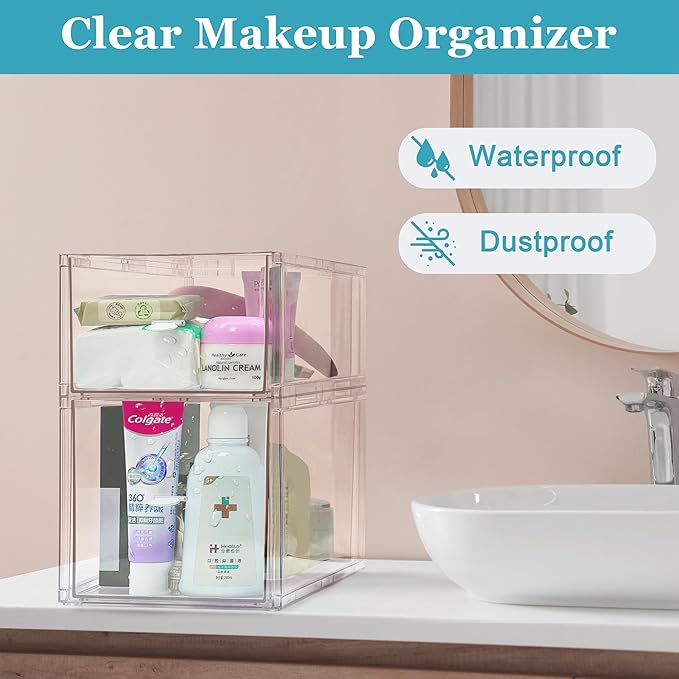 Stackable Storage Drawers Set of 2, Clear Makeup Organizer for Vanity, Acrylic Cosmetic Display Cases, Large Capacity Makeup Organizer Countertop, Undersink, Kitchen Organization and Storage