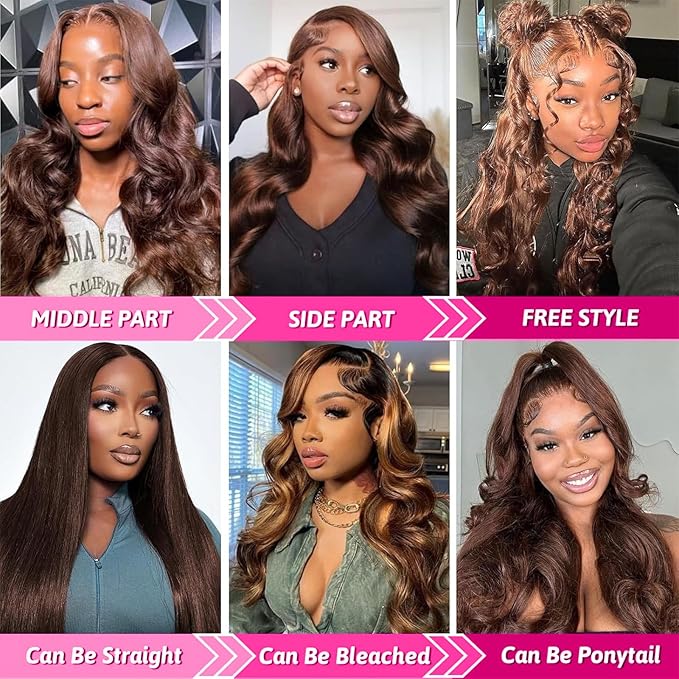 30 Inch Chocolate Brown Lace Front Wig Pre Plucked 13x6 Body Wave Lace Front Wigs Human Hair 180% Density Colored #4 Light Brown Glueless Wig HD Lace Frontal Wigs for Women