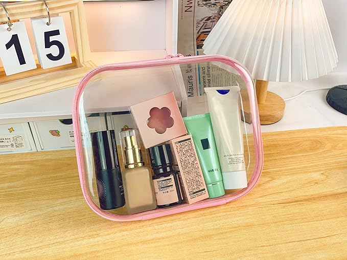 3PCS Clear Zipper Cases, Portable Clear Organizer Pouches for Travel, Double Zippered Hard Shell Plastic Case, Cosmetic Bag for Make Up Tools, Toiletries, Toy Storage (Pink, 2 Pack)