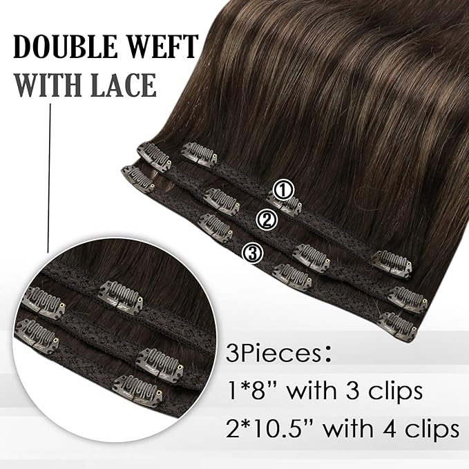 Full Shine Brown Hair Extensions Clip ins Real Human Hair 3 Pcs 60 G 12 Inch Dark Brown Ombre Straight Hair Extensions Remy Hair for Short Hair Lace Weft