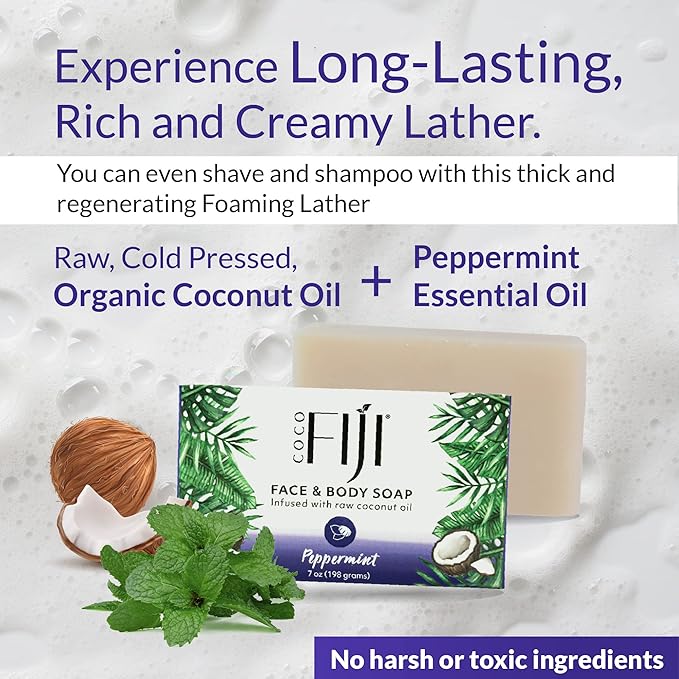 Coco Fiji Soap Bar for Face and Body Infused With Organic Coconut Oil, Peppermint, Essential Oil, Natural Soap for Moisturizing & Pore Purifying Skin, 7 oz,Pack of 2