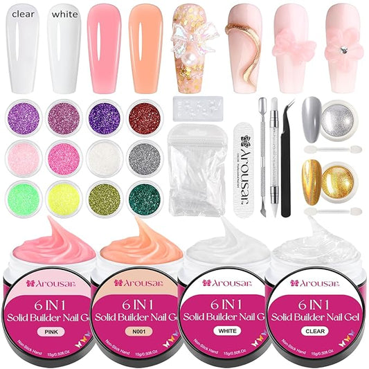Solid Builder Nail Gel Kit, 4 Colors Non Stick Nail Extension Gel Set, Clear White Pink Apricot Nail Gel with Powder and Decorations Manicure Tools DIY at Home for Professional Salon