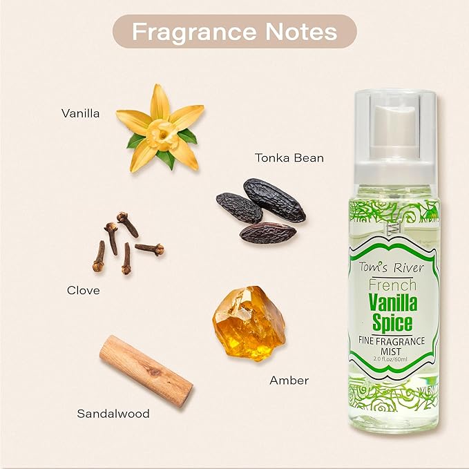 Tom's River Fine Fragrance Body & Hair Mist | Vanilla Spice Scent (Pack of 3) | For Daily Use | Travel-Friendly | 2 fl oz/ 60ml per Bottle