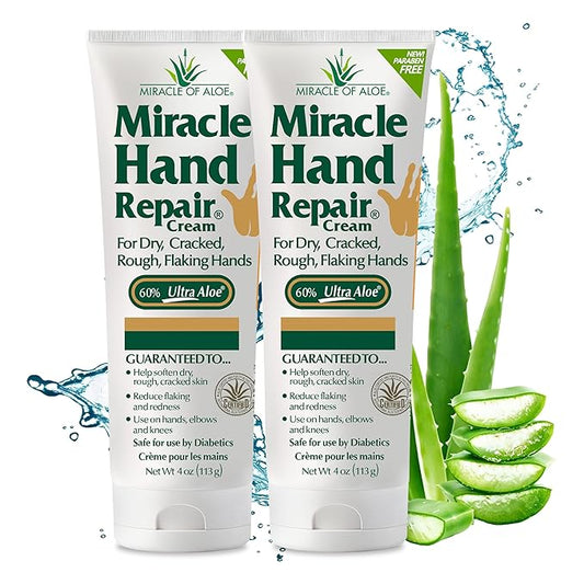 Miracle of Aloe’s Miracle Hand Repair Cream 4 oz Healing Aloe Vera Lotion for Dry, Cracked Hands with 60% Ultra Aloe Gel - Moisturizes, Softens, and Repairs - Non-Greasy (2-Pack)