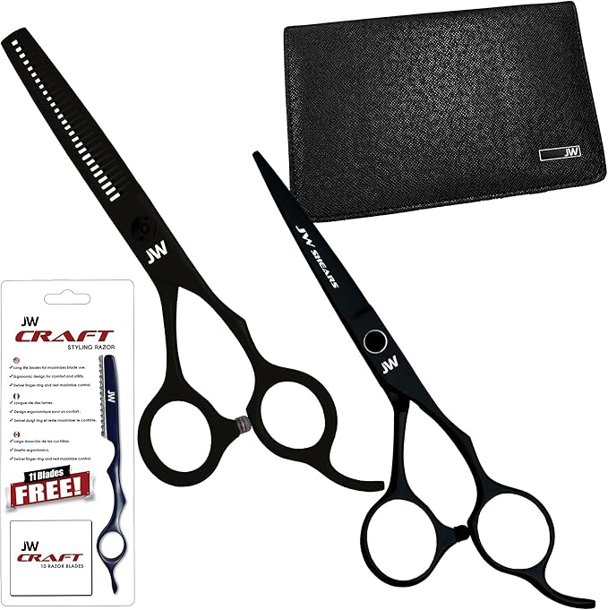 JW Shears Professional Hairdressing Shear, Thinner, Razor and Case Set (6.0" Black)