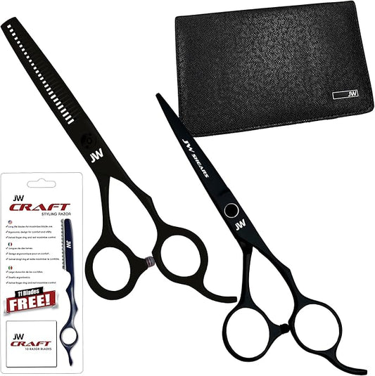 JW Shears Professional Hairdressing Shear, Thinner, Razor and Case Set (6.0" Black)