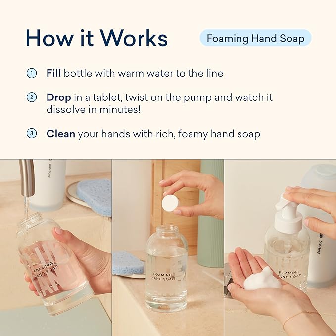 BLUELAND Hand Soap Starter Set, 1 Refillable Glass Foaming Hand Soap Dispenser with 4 Refill Tablets, Variety Scents, 4 x 9 Fl oz