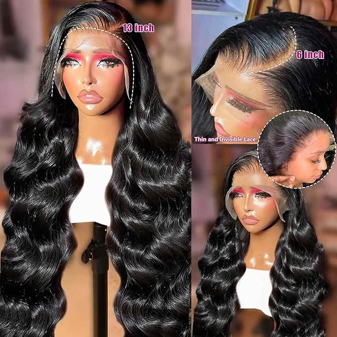 26 Inch Lace Front Wig Human Hair - 13x6 Body Wave Pre-Plucked, HD Transparent Lace, Glueless with Baby Hair, Natural Black