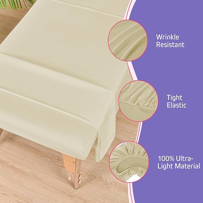 Massage Table Sheets Sets – 4 Set Bundle, 120GSM Double Brushed Microfiber, Premium Massage Sheets Sets, Spa Bed Sheets for Esthetician, Wrinkle & Oil Resistant, Natural