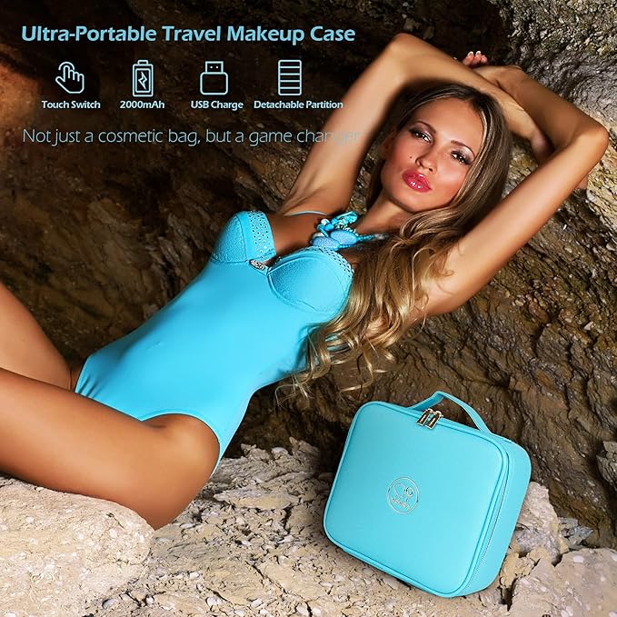 MOMIRA Travel Makeup Bag Cosmetic Bag Makeup Organizer Bag with Lighted Mirror, Adjustable Brightness in 3 Color Scenarios, Waterproof Makeup Train Case, Gift for Women - Diamond Blue