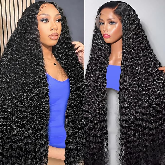 34inch 13x6 Deep Wave Lace Front Wigs Human Hair Pre Plucked 200% Density Deep Curly Lace Front Wigs Human Hair HD Transparent Deep Wave Frontal Human Hair Wig for black women with Baby Hair
