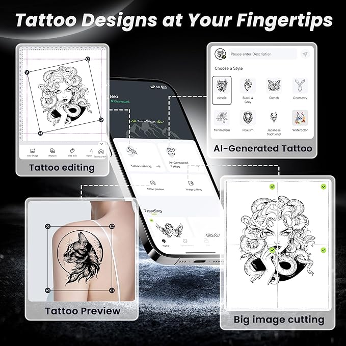 2025 New Version Tattoo Stencil Printer with 10pcs Transfer Paper, Wireless Thermal Tattoo Transfer Printer, Bluetooth Portable Tattoo Machine for Beginners Compatible with Smartphone & Pad