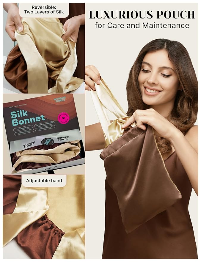 100% Mulberry Silk Bonnet for Sleeping Women with Curly Hair – Alternative to Double Layer Satin Bonnet with Tie Band Premium Silk Hair Wrap for Sleep with Wonder Loop Chocolate