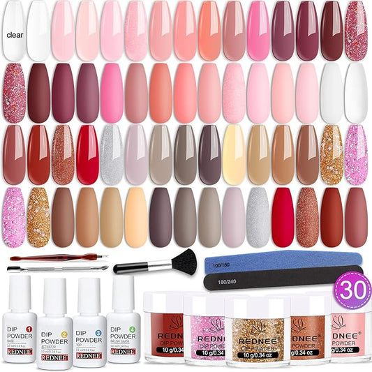 REDNEE 39pcs Dip Powder Nail Kit Starter, 30 Neutral Skin Color White Pink Dipping Powder Set with Top Base Coat Activator & Nail Brush File for Valentine's Day Nail Art Manicure Salon Gift Set RE19