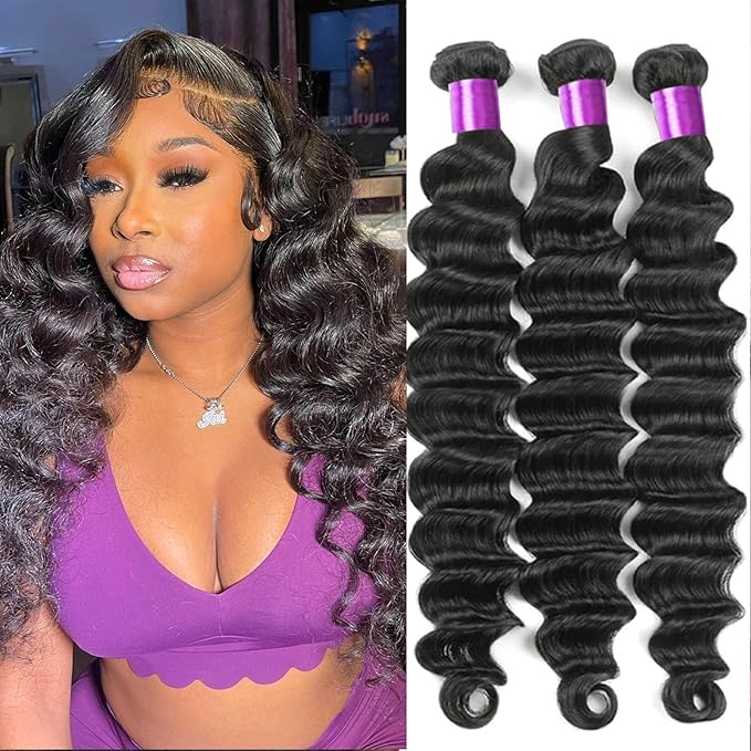 Loose Deep Wave 3 Bundles Human Hair 24 26 28 Inch 100% Unprocessed Virgin Brazilian Hair Bundles Weave Long Curly Human Hair Extensions Natural Black Color for Women