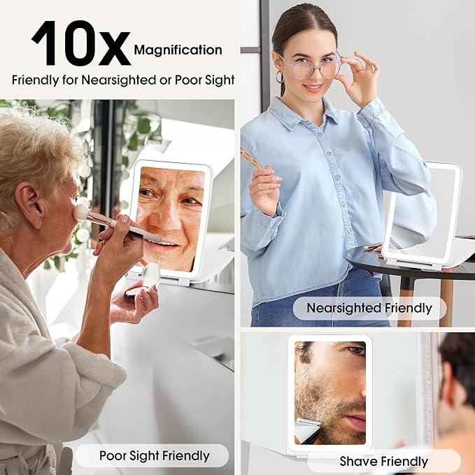 10X/1X Magnification Lighted Makeup Mirror with Lights, Rechargeable Magnifying Mirror with 80LED&2000mAh Battery, Portable Travel Vanity Mirror with 3 Colors Dimmable Lighting, Travel Essentials