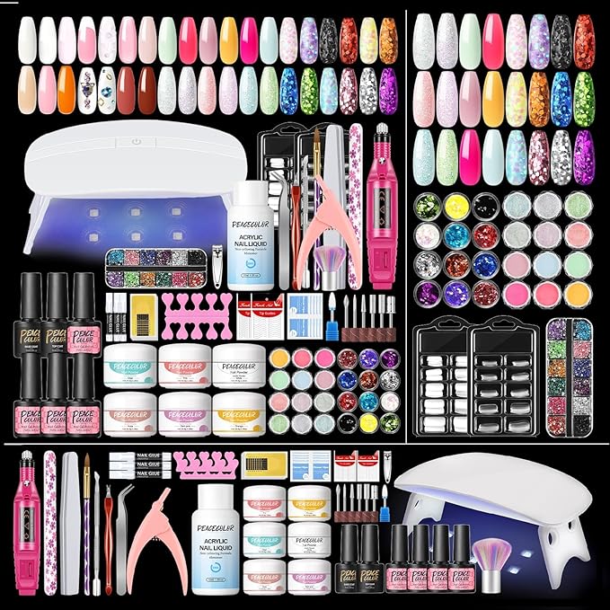 Acrylic Nail Kit for Beginners with Everything 6 Colors Acrylic Powder 4PC Gel Polish 24PC Glitter Powders Professional Nails Kit AcrylicSet with Drill Nail Lamp Manicure for women