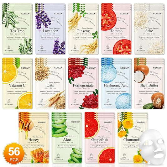 56 Pack Sheet Face Masks Skincare for Women, Hydrating Face Masks Suitable for Sensitive Skin, Bulk Facial Mask Gifts Set for Skin Care, Home Skincare Spa for All Skin Types