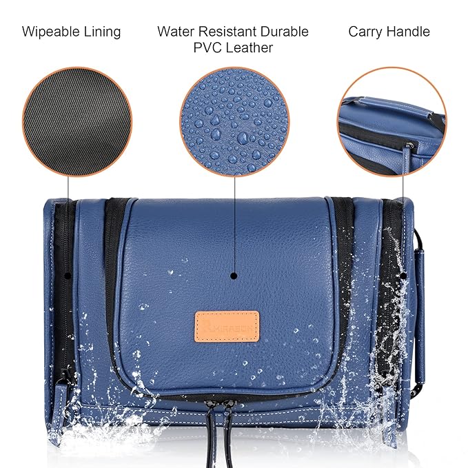 MIRASON Hanging Toiletry Bag for Men PVC Leather Dopp Kit Waterproof Travel Organizer Bag with Sturdy Metal Hook and Handle for Bathroom Shower Cosmetics Camping Brushes Shaving (Blue)