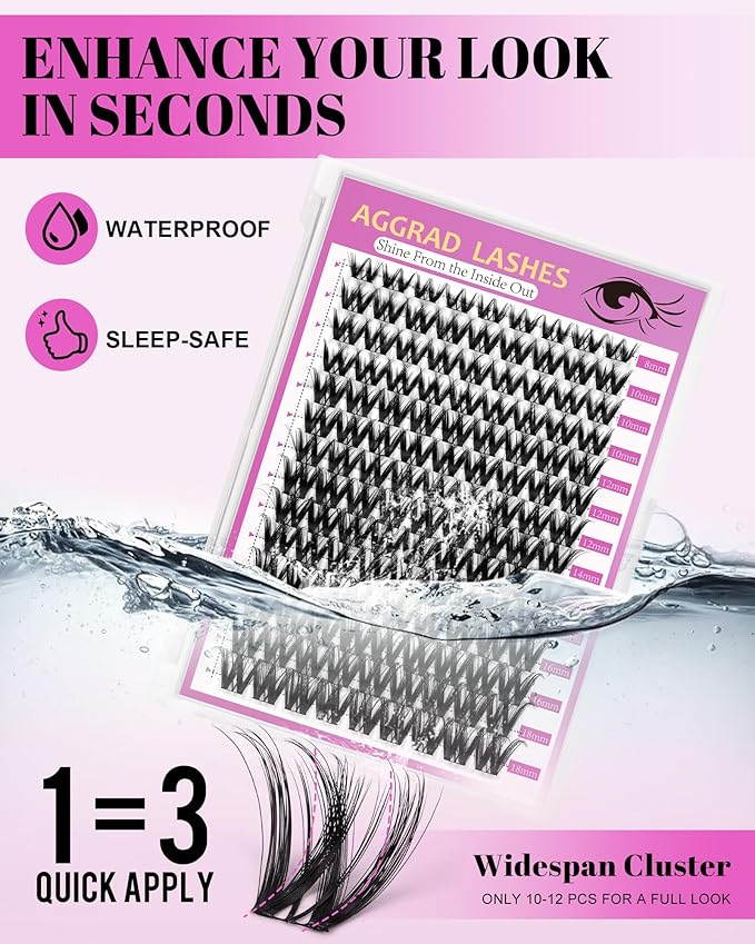 Flora Lash Clusters Kit Wispy Fluffy 8-18mm Hybrid Volume Eyelashes Cluster Extension Kit D Curl Individual DIY False Lash Extension Kit with Lash Bond and Seal, 0.05mm Thin Invisible Black Lash Band