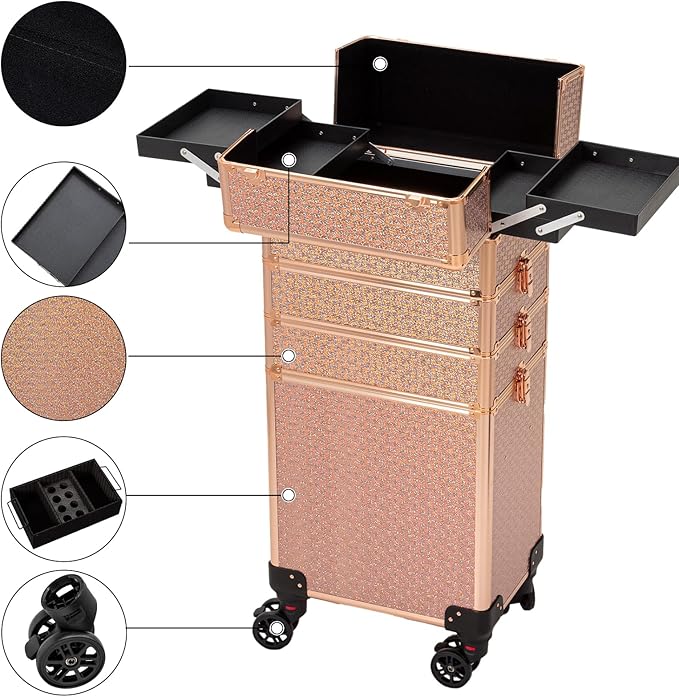 4 in 1 Portable Traveling Aluminum Professional Makeup Trolley Cart with Multiple-Sized Compartments and Wheels (baby's breath gold)