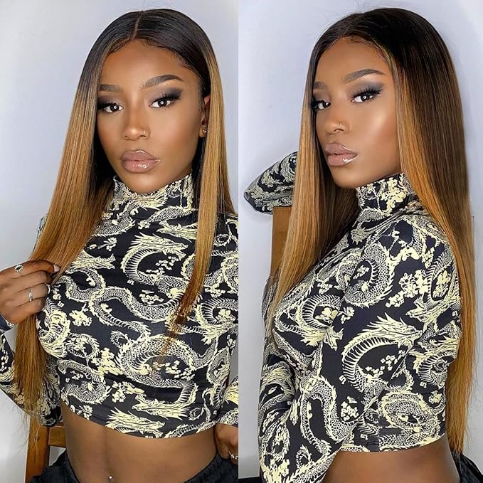 32inch Ombre Lace Front Wig pre plucked, Glueless Highlight Ombre Long Straight Lace Front Wigs Synthetic Highlight HD Lace Front Wig 1B/30/27