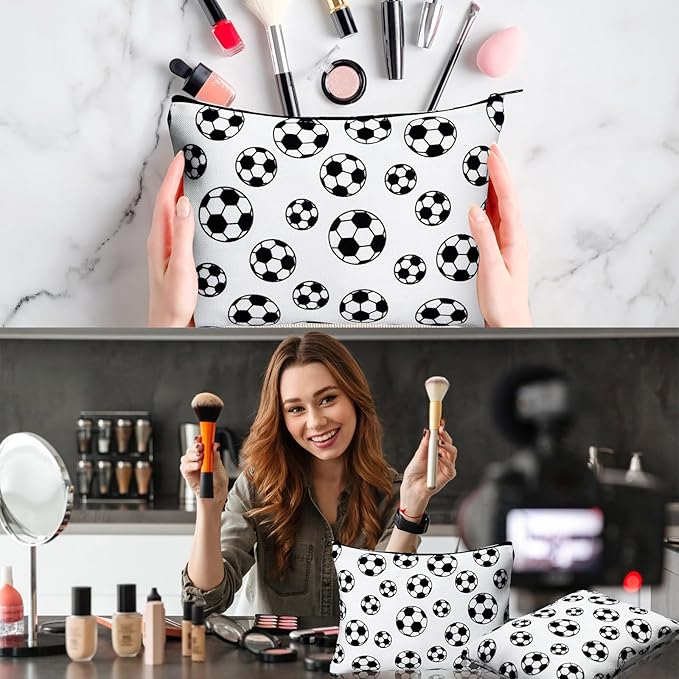 Eccliy 20 Pcs Soccer Makeup Bag Cosmetic Bag Canvas Gifts Sport Soccer Themed Accessories for Girls Toiletry Pouch with Zipper for Women Party Shopping Home Travel, 9 x 7 Inch
