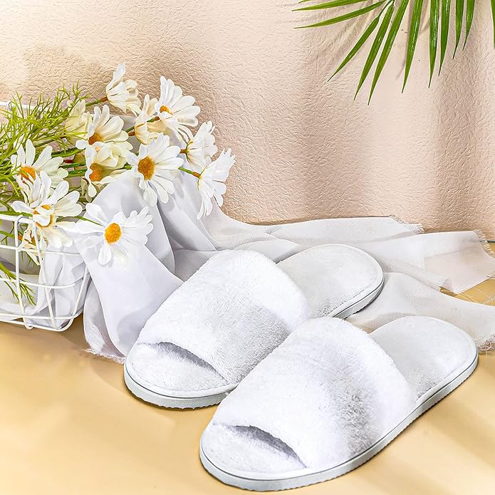 Shinymoon 8 Pairs Disposable Velvet Open Toe Non Slip Spa & Travel Slippers - White, Medium
