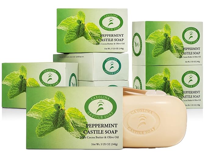 Body Wash Castile Soap Bar for Sensitive Skin – Long Lasting Natural Bar Soap for Men and Women with Olive Oil and Cocoa Butter - Vegan Peppermint by Carolina Castile, 5 oz Each