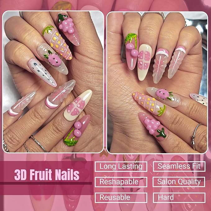Handmade Acrylic Press On Nails Almond, Long Almond Press On Nails 3D Design, 3D Fruit Strawberry Nails For Women Gift, Reusable Stick On Fake Nails Kit With Nail Glue(Strawberry Fruit Feast-XS)