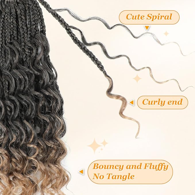 14 Inch Goddess Box Braids Crochet Hair Curly Ends 9 Packs Pre Looped Boho Crochet Box Braids Bohemian Box Braid Crochet Hair For Black Women (14Inch 9 Packs,T27)