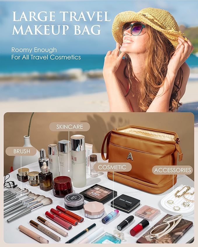 Monogrammed Gifts for Women, Personalized Makeup Bag, Monogrammed Gifts, Initial Double Layer Cosmetic Bag with Makeup Brush Organizer, Travel Toiletry Bag, Gifts for Friends, Teen Girl Gifts