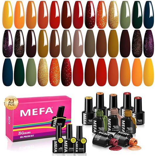 MEFA Gel Nail Polish Set, 23 Colors Brown Orange Nail Polish Set Gold Glitter Yellow Nail Polish Soak Off Red Shimmer Gel Nail Gifts for Women Girl DIY Salon Home Manicure