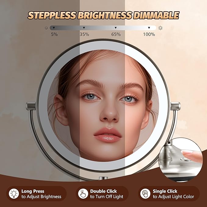 15X Magnifying Mirror with Light: 9 inch Lighted Makeup Mirror, 360Rotation Touch Screen Rechargeable, Double Sided LED Vanity Mirror, Brushed Nickel