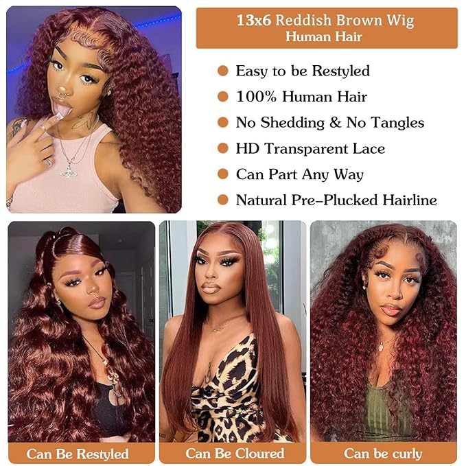 32 Inch Reddish Brown Lace Front Wigs Human Hair 13x6 Reddish Brown Curly Lace Front Wig 180 Density 33# Deep Wave HD Lace Frontal Wigs Human Hair Pre Plucked for Women Auburn Colored Human Hair wig