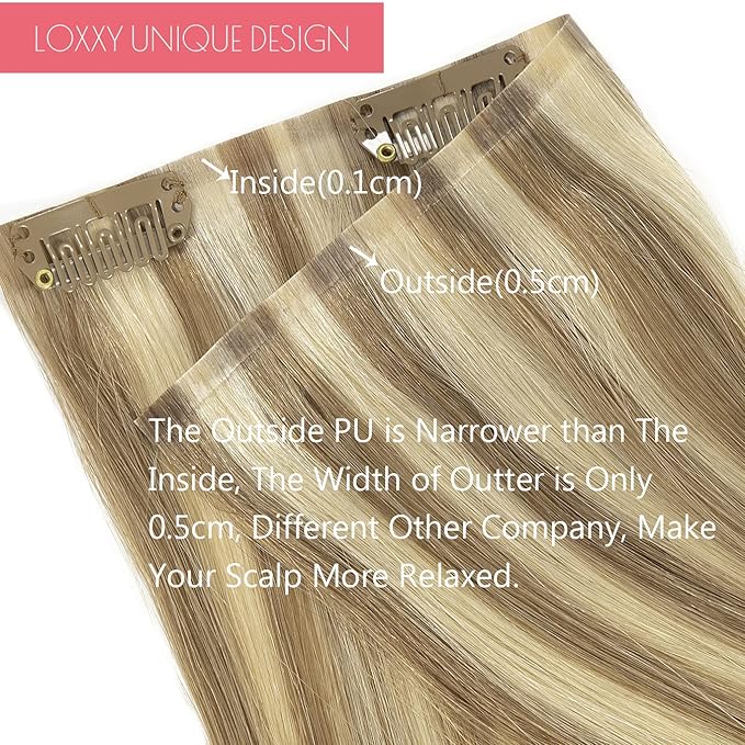 Loxxy Seamless Human Hair Clip in Extensions 22Inch Piano Light Ash Brown Mixed With Platinum Blonde Clip in Hiar Extensions Real Human Hair With PU Weft Silky Straight Seamless Clip ins 110g 7pcs