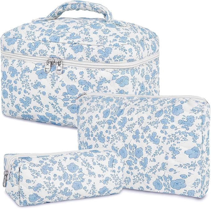 3Pcs Cotton Quilted Makeup Bag for Women Girls, Large Floral Cosmetic Bag Set Cute Makeup Brushes Aesthetic Accessories Storage Bag Travel Toiletry Bag Organizer, Little Flower Blue