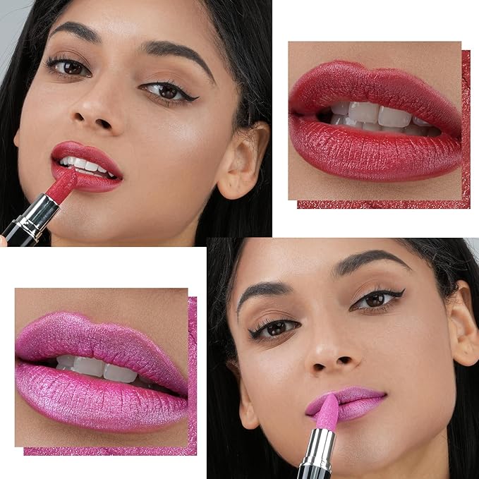 Angicolour 2pcs Glitter Lipstick - High Impact Lipcolor in Red & Pink, Moisturizing Creamy Formula, Metallic Finish - Vegan & Cruelty-Free, Full-Coverage Lip Color