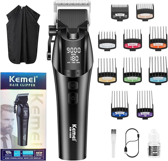 KEMEI 1858 Professional Hair Clippers for Men, Rechargeable Barber Clipper for Hair Cutting, Cordless Hair Trimmer with LED Display & 5-Speed Adjustable Settings, Gifts for Men