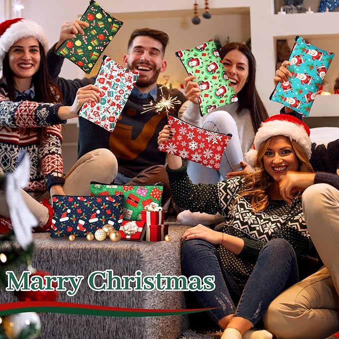 24 Pieces Makeup Bags Bulk Canvas Cosmetic Bags Purse Organizer Zipper Cosmetic Pouch Portable Travel Toiletry Pouch for Women Men Gifts, 7 x 4 Inch (Christmas)