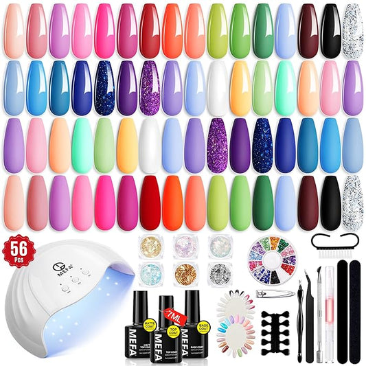 MEFA 32 Colors Gel Nail Polish Kit with U V Light, Spring Bright Pastel 54Pcs Pink Gel Polish Nail Set with Matte/Glossy Base Top Coat Essential Manicure Tools Nails Art Decorations Women Gifts