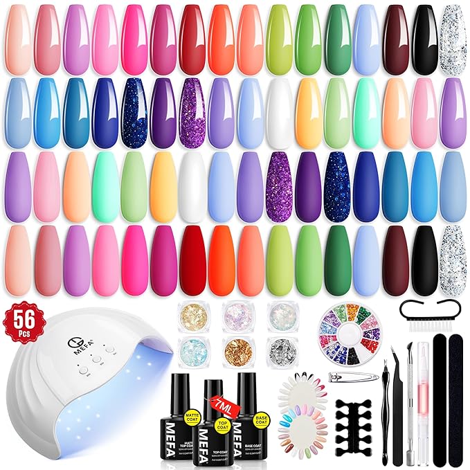 MEFA 32 Colors Gel Nail Polish Kit with U V Light, Spring Bright Pastel 54Pcs Pink Gel Polish Nail Set with Matte/Glossy Base Top Coat Essential Manicure Tools Nails Art Decorations Women Gifts