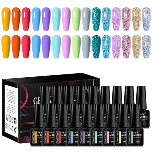 MEET ACROSS Red Blue Gel Nail Polish Set 18Pcs Glitter Gel Polish Kit 15 Colors Pink Orange Purple Collection Set Professionail Gel Manicure Kit Gift for Women