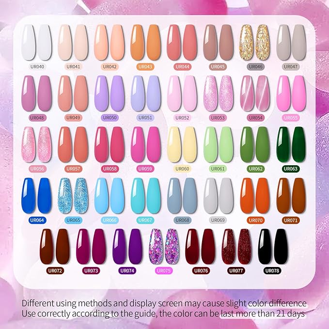 UR SUGAR 45PCS Gel Nail Polish Set, 39 Colors Fall Winter Gel Polish Set with 6 Pcs Base and Glossy Matte Top Coat All Seasons Collection Pink Red Blue Colorful Gel Polish Gifts for Women
