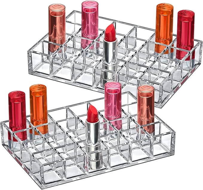 Amazing Abby - Allure - 2-Pack 24-Slot Acrylic Lipstick Organizer, Lipstick Holder, Lip Gloss Holder, Cosmetic Storage Display, Perfect Storage Solution for Drawer and Vanity (Slot Size: 1.0" x 1.0")