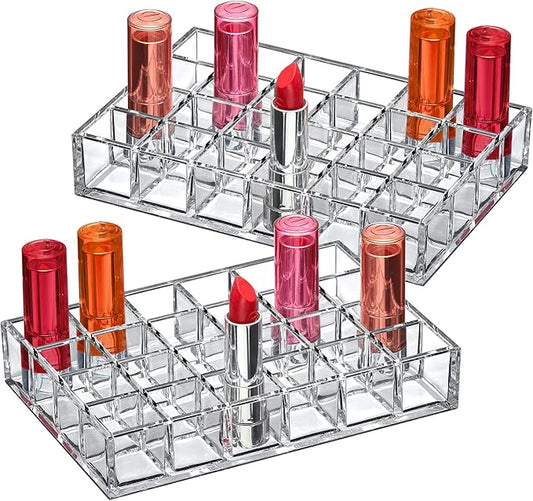 Amazing Abby - Allure - 2-Pack 24-Slot Acrylic Lipstick Organizer, Lipstick Holder, Lip Gloss Holder, Cosmetic Storage Display, Perfect Storage Solution for Drawer and Vanity (Slot Size: 1.0" x 1.0")